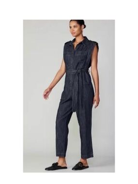 NWT- Sleeveless Button-Front Denim Jumpsuit in Dark Wash